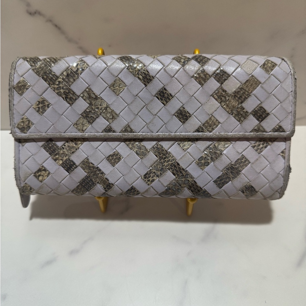 Bottega Veneta Intrecciato Lilac Large Flap Wallet with Snakeskin detail